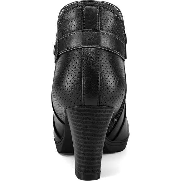 ⚡Women's Black PU Zipper Booties Chunky Stacked Heel Ankle Boots Strap Ankle - Picture 4 of 4